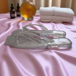 Lauren Lorraine Clear Rhinestone Flip Flop Sandals Size 7 Beach Wedding Glam